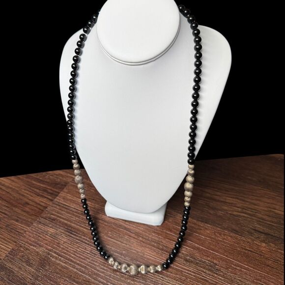 Vintage Sterling Silver Native Pearl Black Onyx Beaded Necklace 34in Chain 925 - Picture 9 of 16